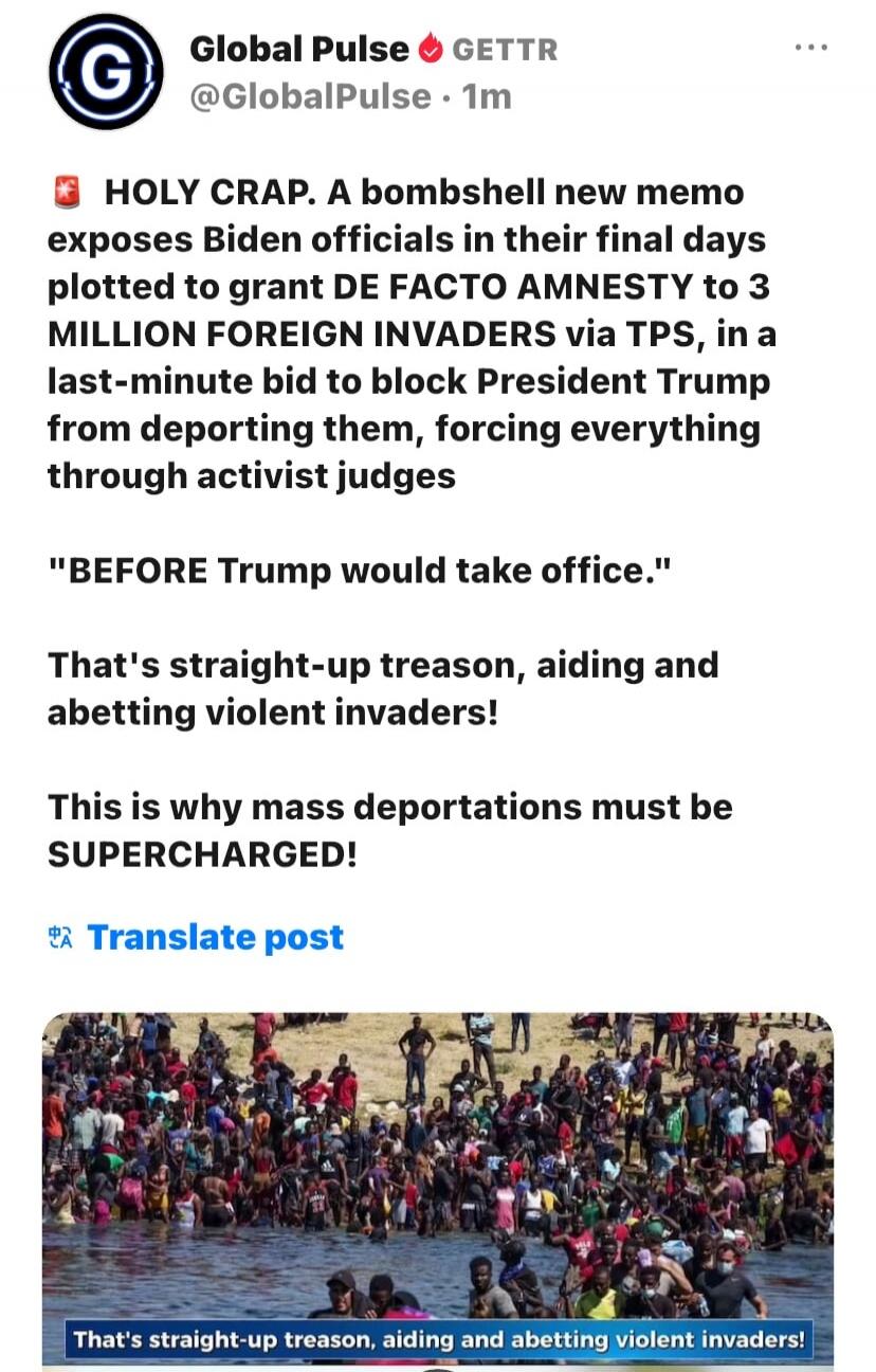 Global Pulse GETTR @GlobalPulse 1m HOLY CRAP. A bombshell new memo exposes Biden officials in their final days plotted to grant DE FACTO AMNESTY to 3 MILLION FOREIGN INVADERS via TPS, in a last-minute bid to block President Trump from deporting them, forcing everything through activist judges 