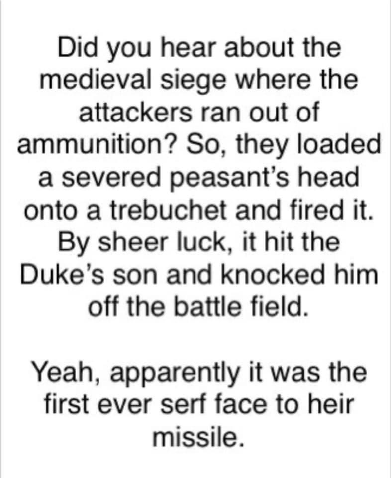 Did you hear about the medieval siege where the attackers ran out of ammunition So they loaded a severed peasants head onto a trebuchet and fired it By sheer luck it hit the Dukes son and knocked him off the battle field Yeah apparently it was the first ever serf face to heir missile