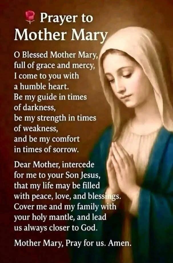 Prayer to Mother Mary

O Blessed Mother Mary, full of grace and mercy, I come to you with a humble heart. Be my guide in times of darkness, be my strength in times of weakness, and be my comfort in times of sorrow.

Dear Mother, intercede for me to your Son Jesus, that my life may be filled with peace, love, and blessings. Cover me and my family wi