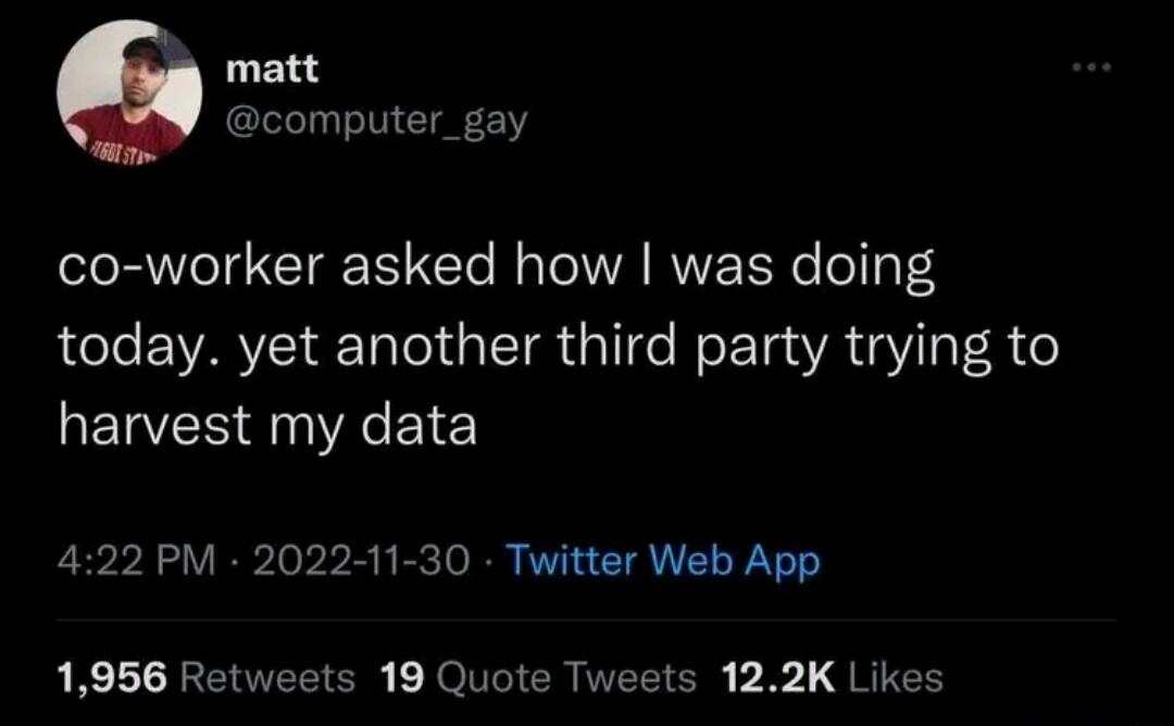 matt computer_gay co worker asked how was doing today yet another third party trying to QEREEE Al 422 PM 2022 11 30 Twitter Web App 1956 Retweets 19 Quote Tweets 122K Likes