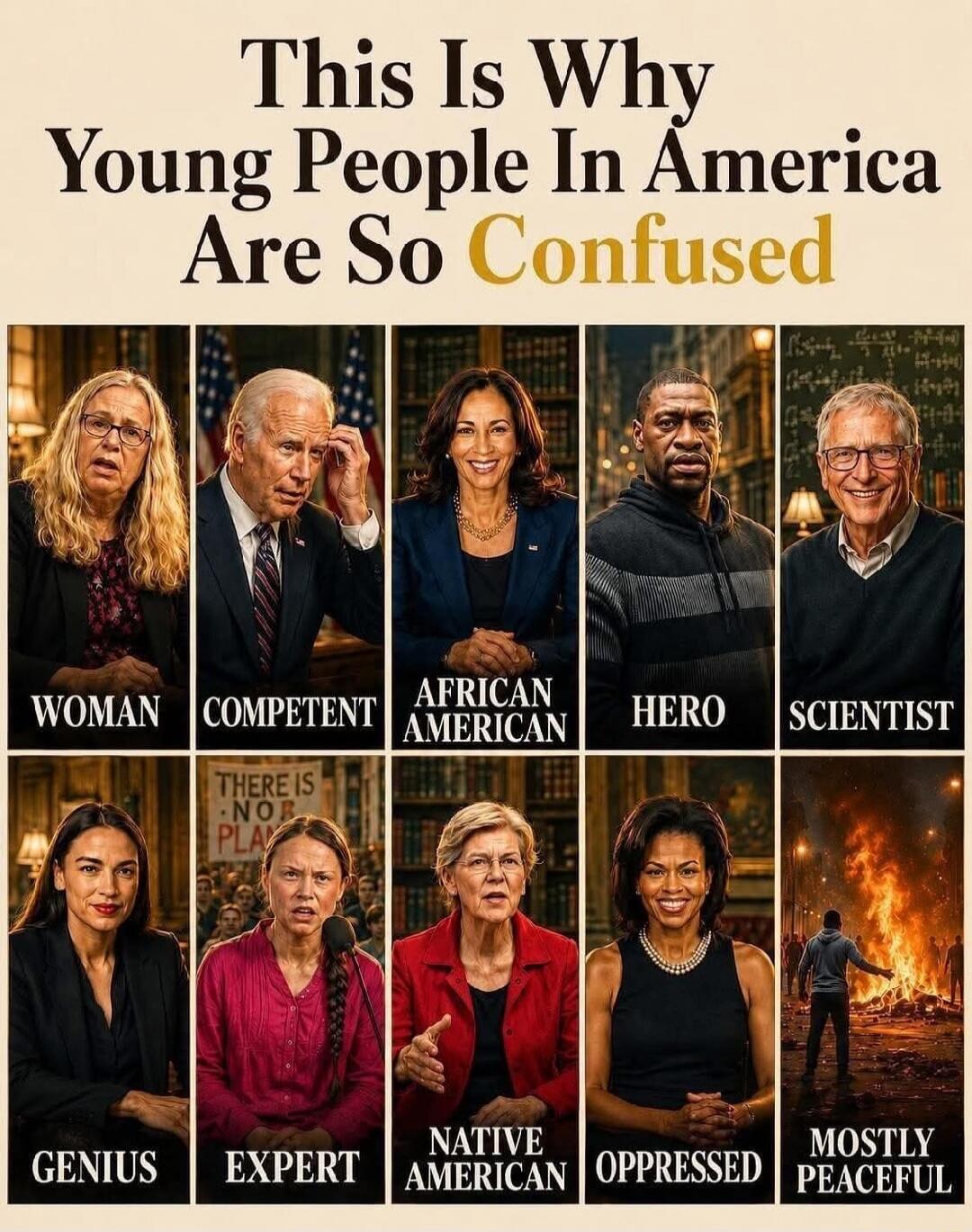 This Is Why Young People In America Are So Confused. WOMAN. COMPETENT. AFRICAN AMERICAN. HERO. SCIENTIST. GENIUS. EXPERT. THERE IS NO PLAN. NATIVE AMERICAN. OPPRESSED. MOSTLY PEACEFUL.