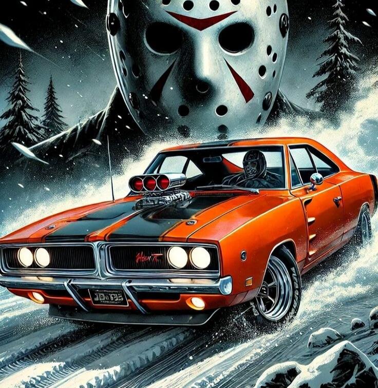 A classic orange and black muscle car, resembling a Dodge Charger, with a supercharger, is depicted driving through a snowy landscape. In the background, a large, menacing hockey mask, characteristic of Jason Voorhees from Friday the 13th, looms over the scene. Pine trees are visible in the snowy environment.