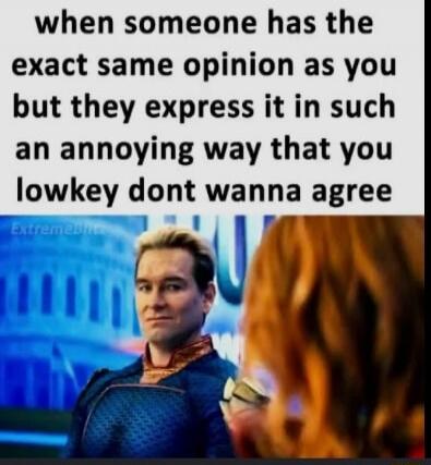 when someone has the exact same opinion as you but they express it in such an annoying way that you lowkey dont wanna agree