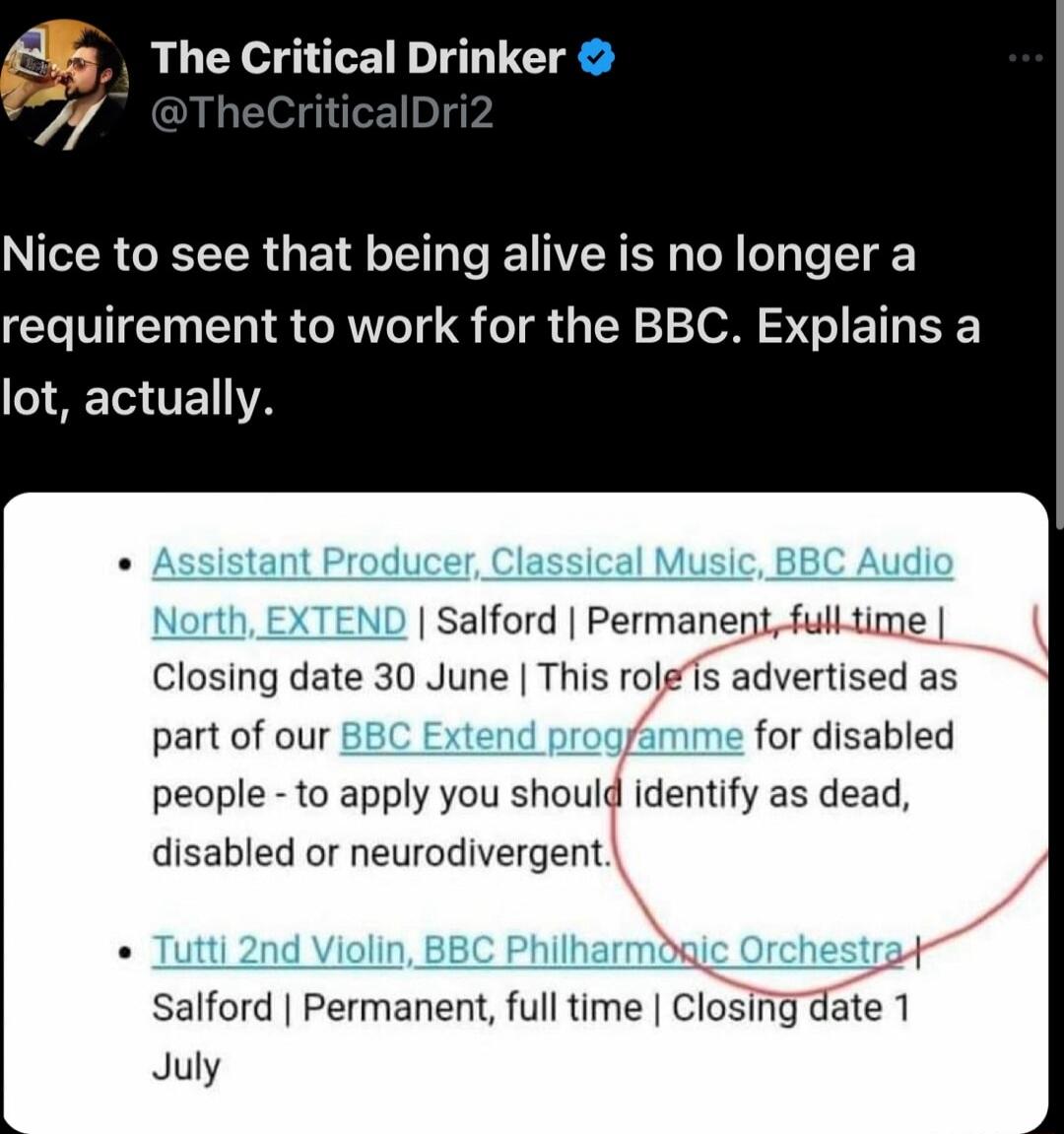 Nice to see that being alive is no longer a TN IR AU S o R 10 1 e M S BT V AET1 TETA Salford Permanent full time Closing date 30 June This rolefs advertised as part of our for disabled people o apply you should dentiy as dead disabled or neurodivergent Roret salford Permanent full time Closi July