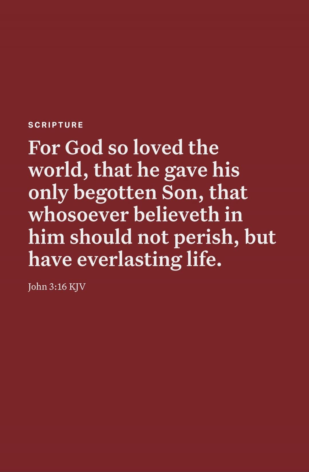For God so loved the world, that he gave his only begotten Son, that whosoever believeth in him should not perish, but have everlasting life. John 3:16 KJV