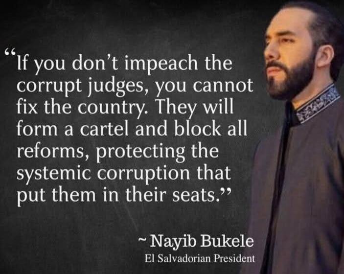 If you don't impeach the corrupt judges, you cannot fix the country. They will form a cartel and block all reforms, protecting the systemic corruption that put them in their seats. ~ Nayib Bukele El Salvadorian President