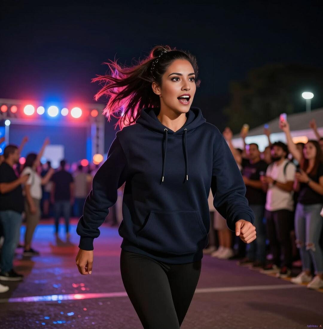 A woman in a navy hoodie running at night with a crowd and stage lights in the background.