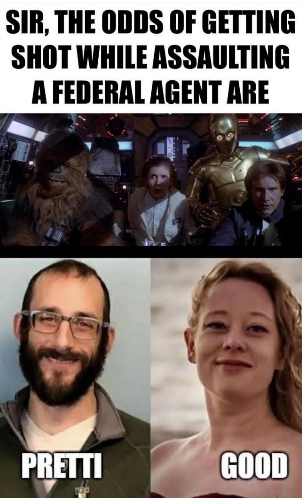 SIR, THE ODDS OF GETTING SHOT WHILE ASSAULTING A FEDERAL AGENT ARE
PRETTI  GOOD