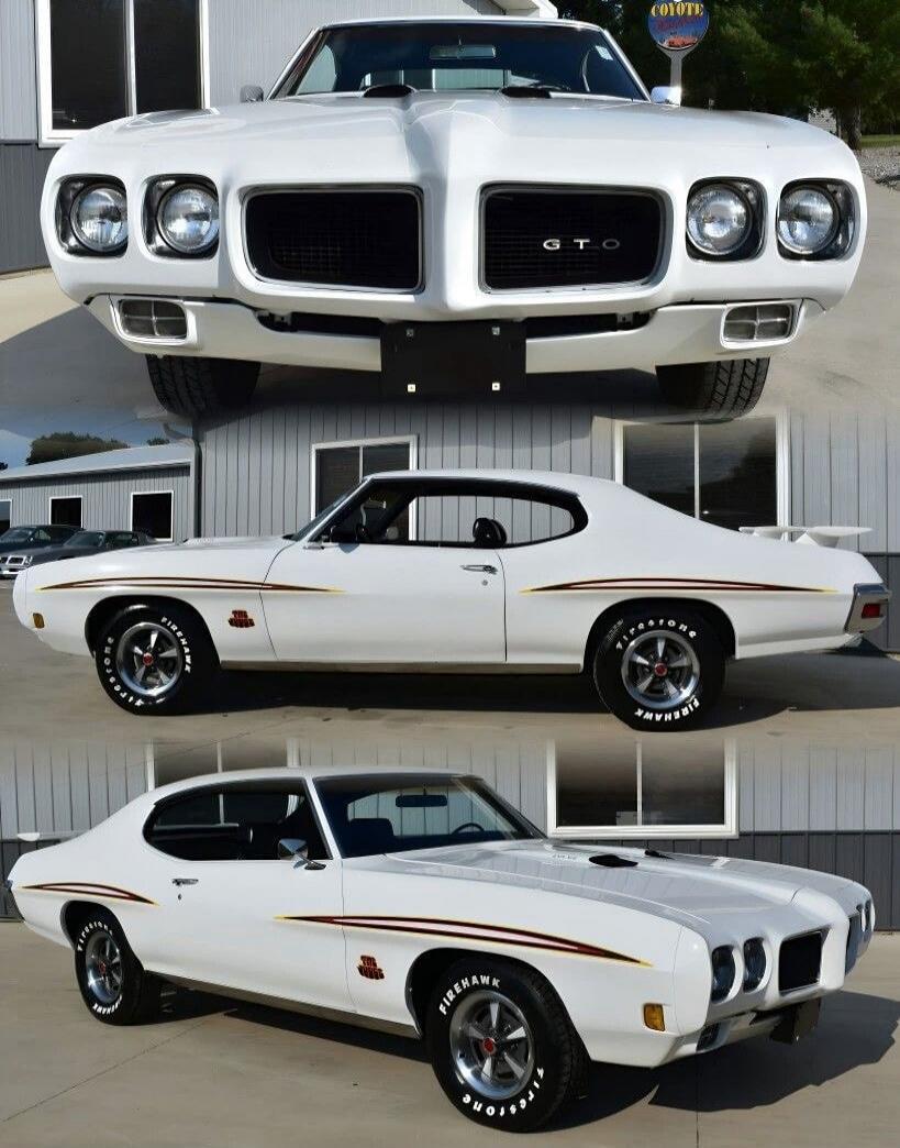 A collage of three images showcasing a white Pontiac GTO from different angles. The top image is a front view, highlighting the car's grille and headlights. The middle image shows the side profile, emphasizing the car's classic lines and 