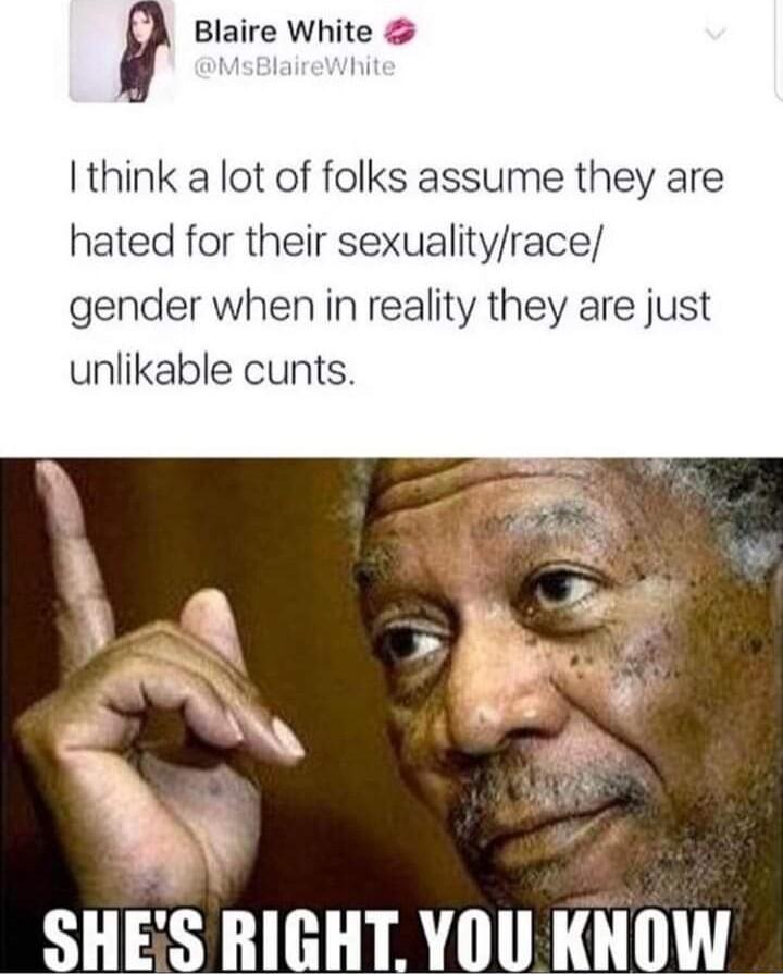 p Blaire White MsBlaireWhi I think a lot of folks assume they are hated for their sexualityrace gender when in reality they are just unlikable cunts SHES RIGHT YOU KNOW