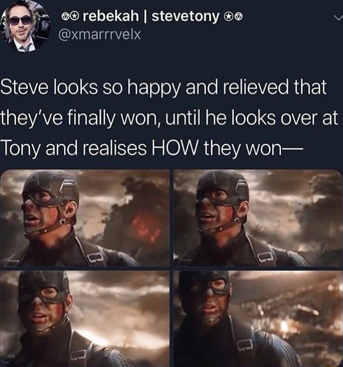 o rebekah stevetony e b M EAT Steve looks so happy and relieved that QIEVAVERTlaFol VAo WU Tai Na TR ool SHeIVTRE Tony and realises HOW they won