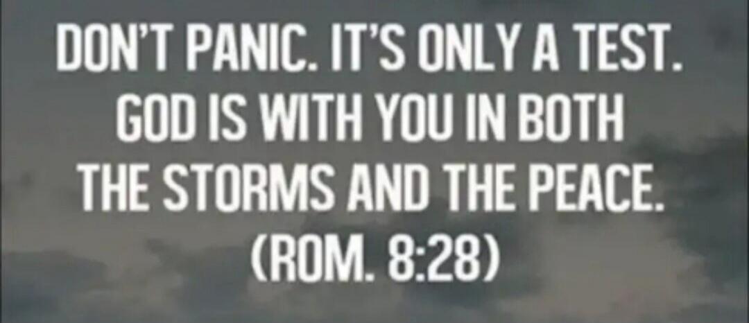 DON'T PANIC. IT'S ONLY A TEST. GOD IS WITH YOU IN BOTH THE STORMS AND THE PEACE. (ROM. 8:28)
