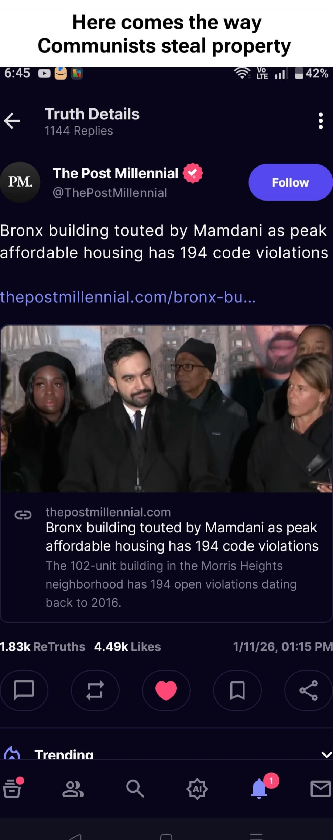 Here comes the way Communists steal property
Truth Details
1144 Replies
The Post Millennial @ThePostMillennial
Bronx building touted by Mamdani as peak affordable housing has 194 code violations
https://thepostmillennial.com/bronx-bu...
Bronx building touted by Mamdani as peak affordable housing has 194 code violations
The 102-unit building in the 