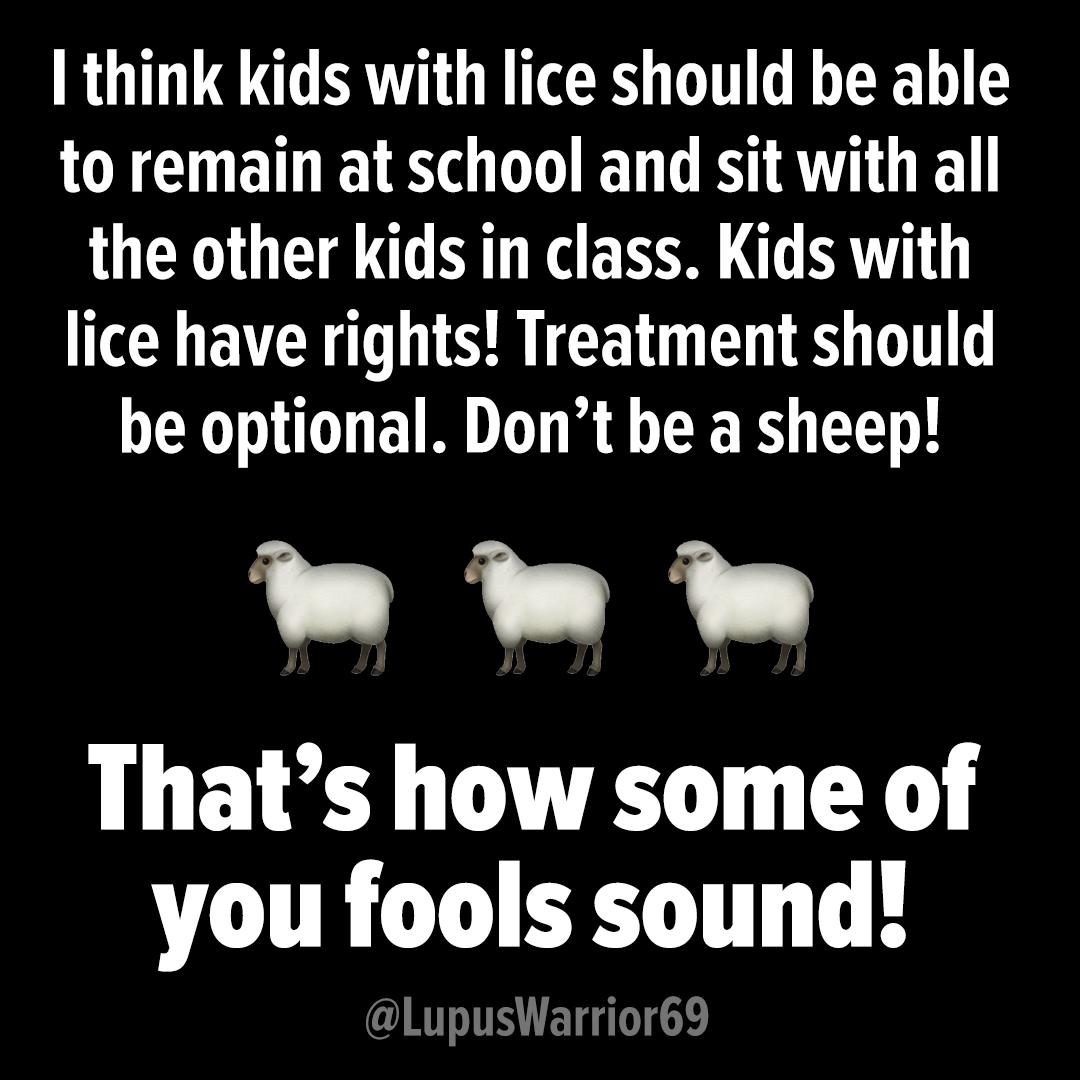 think kids with lice should be able IO ETE G EL VST the other kids in class Kids with lice have rights Treatment should be optional Dont be a sheep e Thats how some of you fools sound