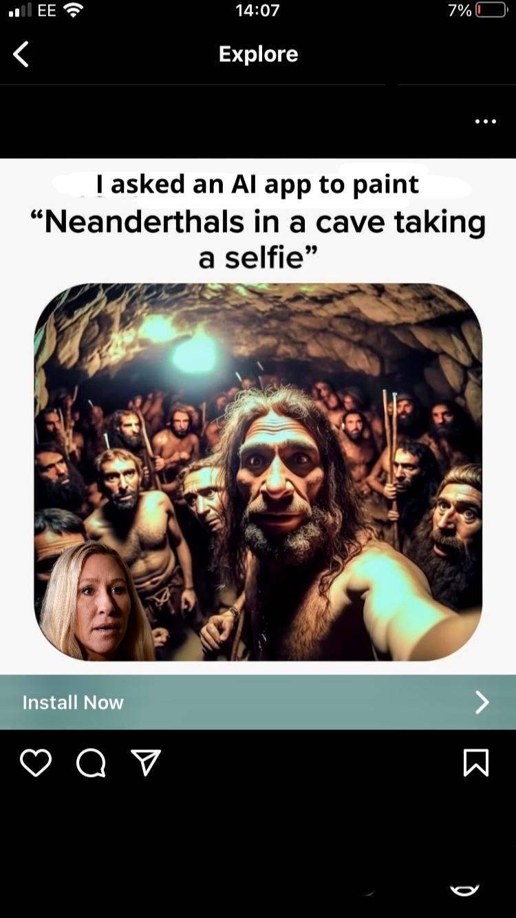W EET 1407 7 Explore I asked an Al app to paint Neanderthals in a cave taking