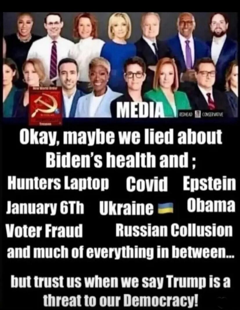 MEDIA REDHEAD CONSERVATIVE Okay, maybe we lied about Biden's health and; Hunters Laptop Covid Epstein January 6Th Ukraine Obama Voter Fraud Russian Collusion and much of everything in between... but trust us when we say Trump is a threat to our Democracy! (Book cover: New World Order, Treason, with hammer and sickle symbol)
