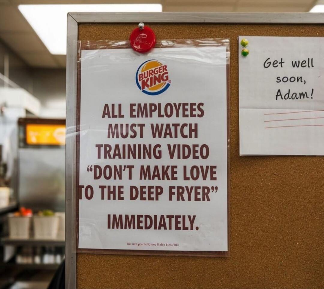 4 Get well Adam ALL EMPLOYEES MUST WATCH TRAINING VIDEO DONT MAKE LOVE 0 THE DEEP FRYER IMMEDIATELY
