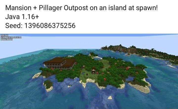 Mansion Pillager Outpost on an island at spawn Java 116 Seed 1396086375256