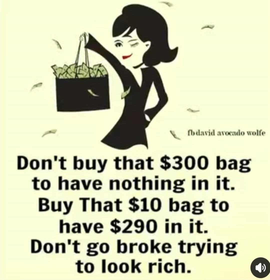Don't buy that $300 bag to have nothing in it. Buy That $10 bag to have $290 in it. Don't go broke trying to look rich. fb david avocado wolfe