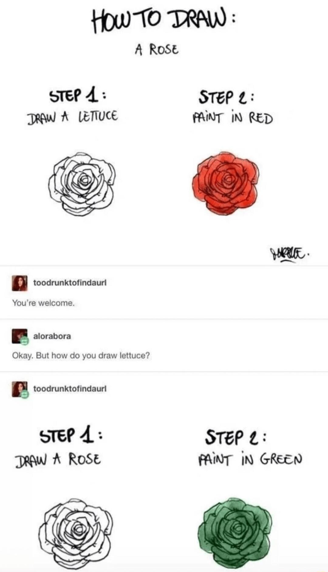 How 10 TRAW A Rose sTEP 4 STEP TR A LETIUCE FAINT N RED 1B roocnmonnan Youre welcome B oo Okay But how do you draw lettuce Step 4 STEP TR A Rose FAINT IN GREEN