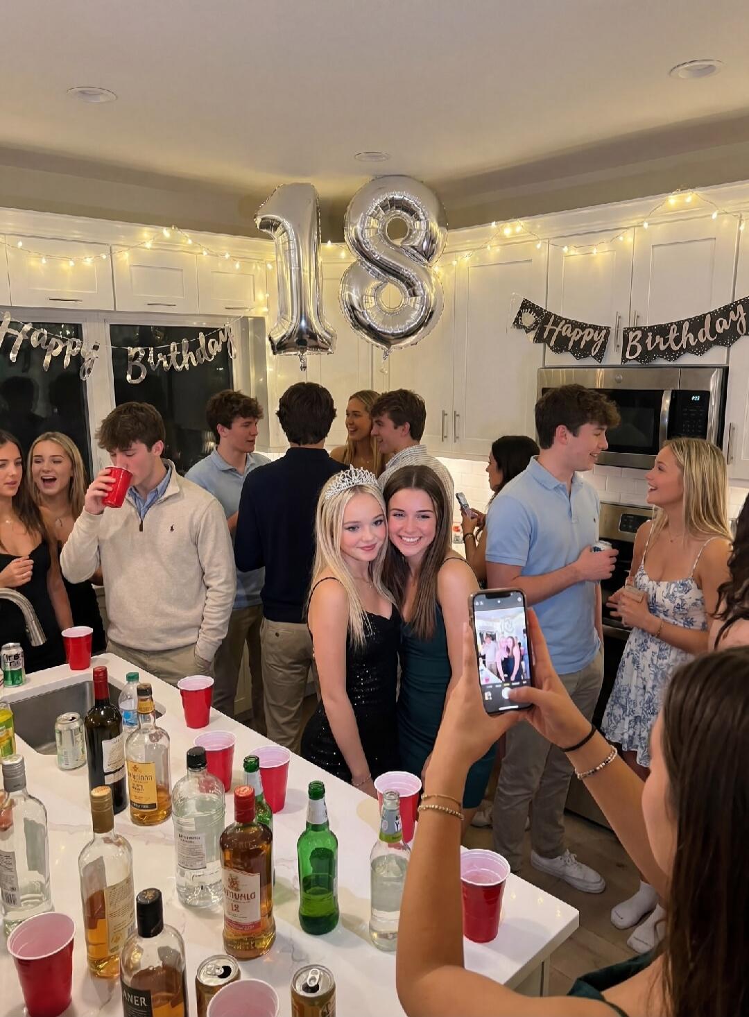 18 balloons and Happy Birthday banners in a kitchen. A group of friends is gathered around a counter filled with various bottles and red cups, taking photos and chatting.