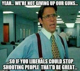 YEAH... WE'RE NOT GIVING UP OUR GUNS. ...SO IF YOU LIBERALS COULD STOP SHOOTING PEOPLE THAT'D BE GREAT.