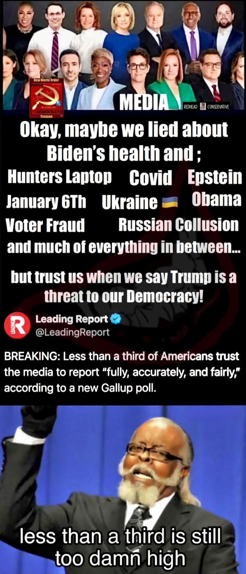 Okay, maybe we lied about Biden’s health and; Hunters Laptop Covid Epstein January 6th Ukraine Obama Voter Fraud Russian Collusion and much of everything in between... but trust us when we say Trump is a threat to our Democracy! BREAKING: Less than a third of Americans trust the media to report “fully, accurately, and fairly,” according to a new Ga