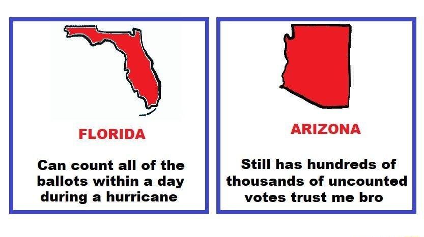 7 FLORIDA Can count all of the ballots within a day during a hurricane ARIZONA Still has hundreds of thousands of uncounted votes trust me bro