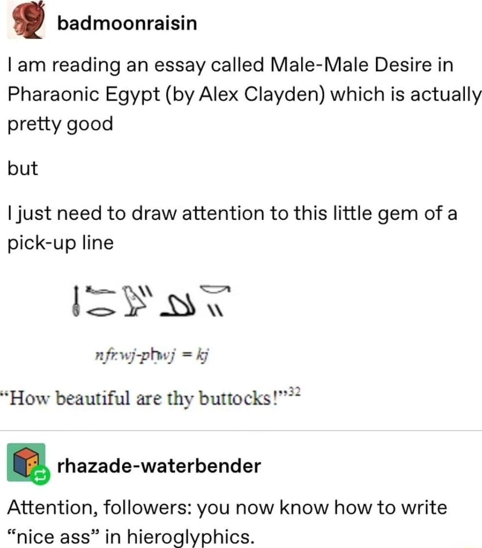 badmoonraisin I am reading an essay called Male Male Desire in Pharaonic Egypt by Alex Clayden which is actually pretty good but just need to draw attention to this little gem of a pick up line 1IZ2 8 nfrwjphwj ki How beautiful are thy buttocks rhazade waterbender Attention followers you now know how to write nice ass in hieroglyphics