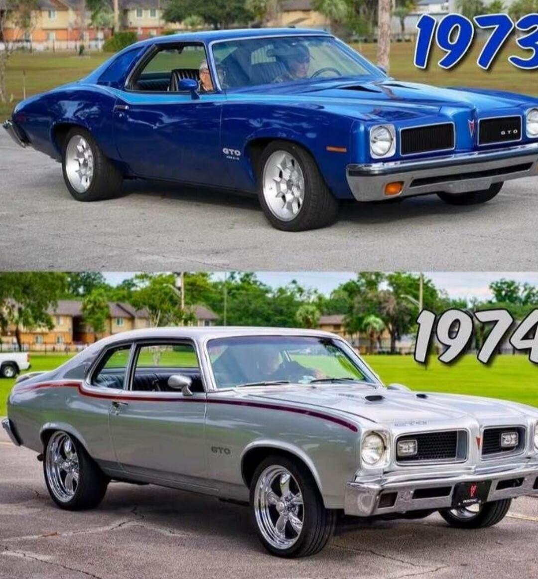 1973 GTO and 1974 GTO. A visual comparison of two classic muscle cars.