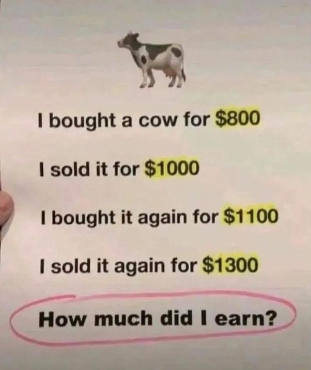 bought a cow for 800 sold it for 1000 P bought it again for 1100 sold it again for 1300