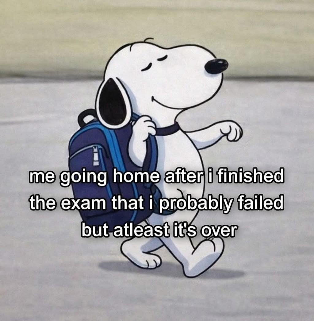 me going home after i finished the exam that i probably failed but atleast it's over