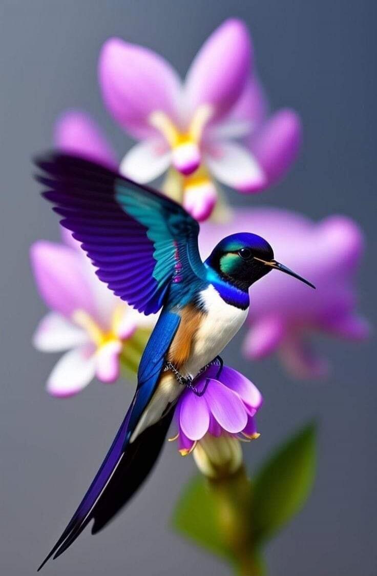 A beautiful hummingbird with vibrant blue and purple feathers is perched on a delicate purple flower, with soft pink orchids in the background.
