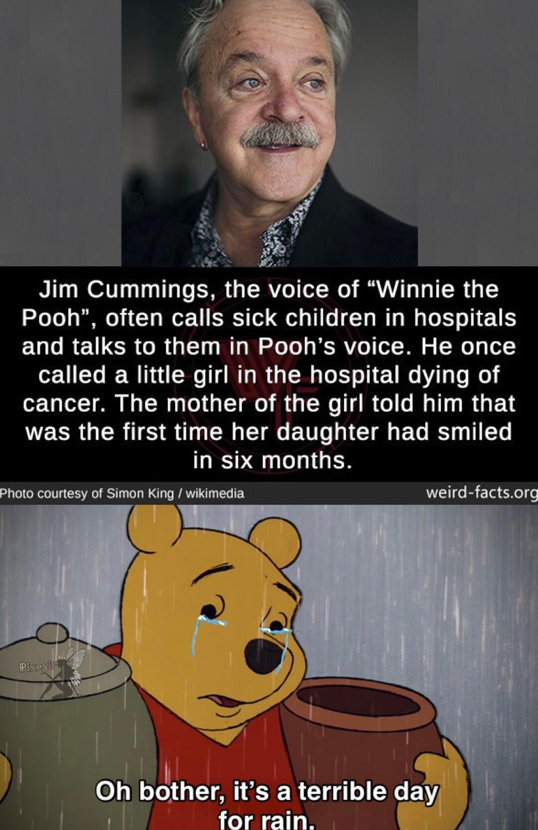 4 2N Jim Cummings the voice of Winnie the Pooh often calls sick children in hospitals and talks to them in Poohs voice He once LEUCLERTVEN R RGN EEE R cancer The mother of the girl told him that EERGER TS R I I ETT T EG R L in six months photo courtesy of Simon King wikimedia weird factsorc o1 bcther LSRG EXCEYY ol for rain