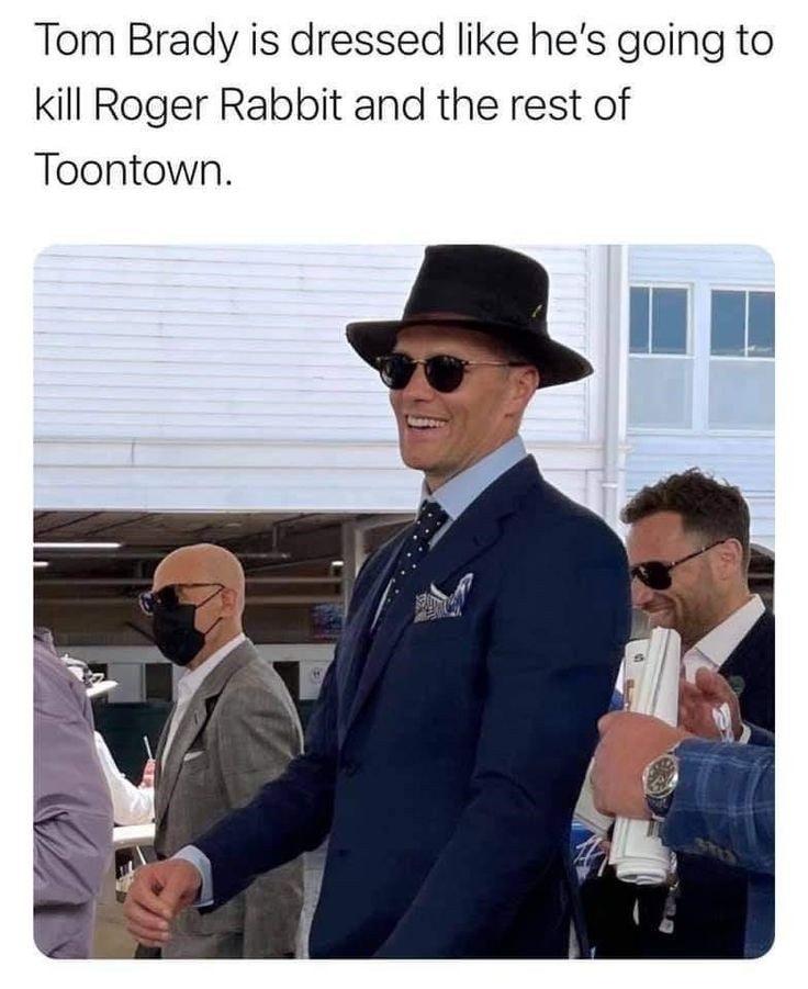 Tom Brady is dressed like hes going to kill Roger Rabbit and the rest of Toontown