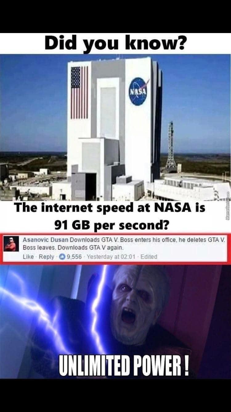 The internet speed at NASA is 91 GB per second UNLIMITED POWER