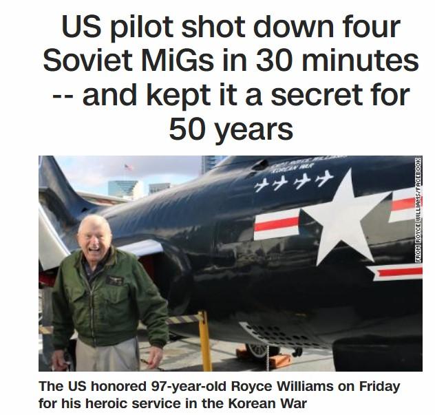 US pilot shot down four Soviet MiGs in 30 minutes and kept it a secret for 50 years Rt The US honored 97 year old Royce Williams on Friday for his heroic service in the Korean War