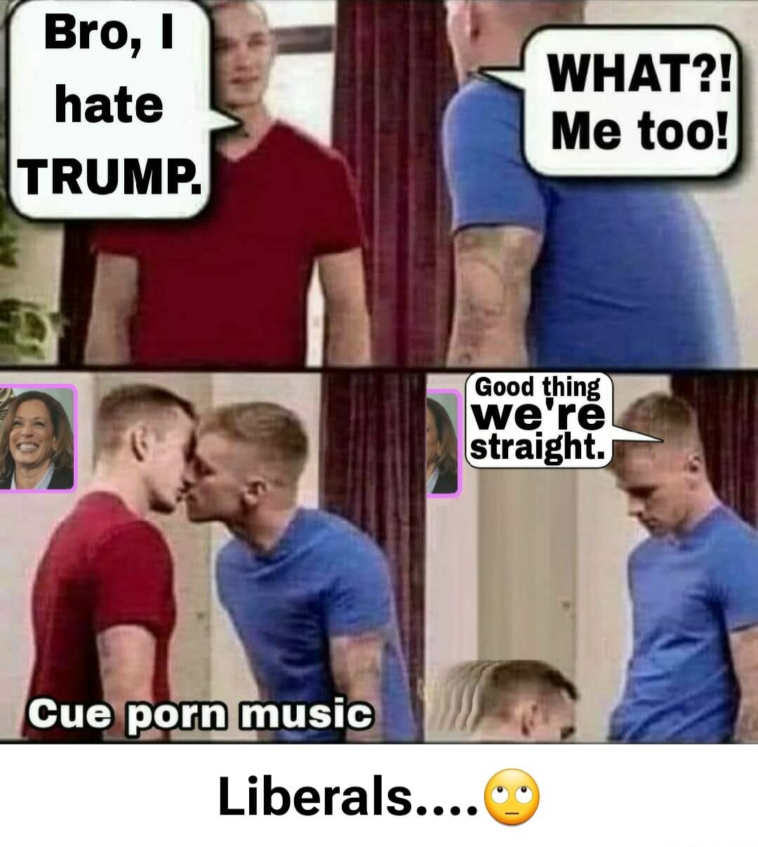 Bro, I hate TRUMP. WHAT?! Me too! Cue porn music Good thing we're straight. Liberals.... 🙄