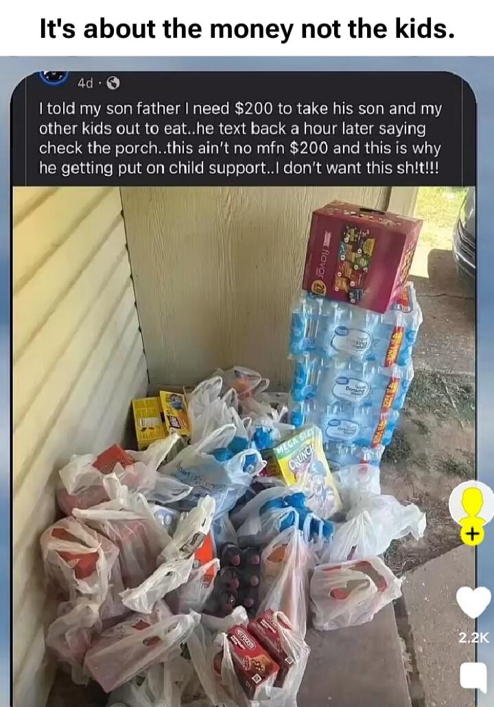 It's about the money not the kids.
I told my son father I need $200 to take his son and my other kids out to eat.. he text back a hour later saying check the porch.. this ain't no mf'n $200 and this is why he getting put on child support.. I don't want this sh!t!!!