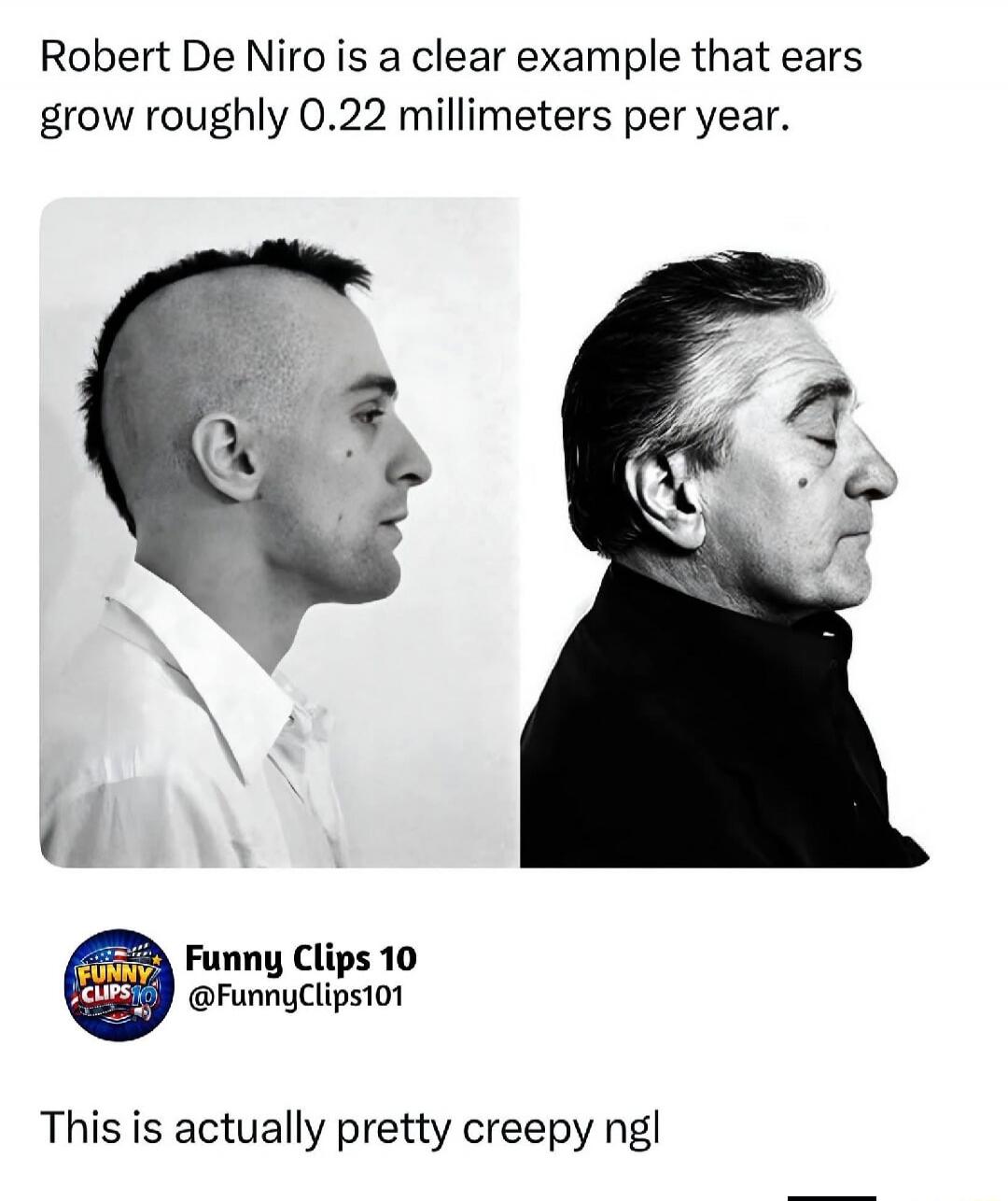 Robert De Niro is a clear example that ears grow roughly 0.22 millimeters per year. Funny Clips 10 @FunnyClips101 This is actually pretty creepy ngl