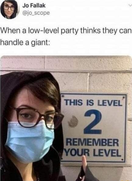 Jo Fallak @jo_scope: When a low-level party thinks they can handle a giant: THIS IS LEVEL 2 REMEMBER YOUR LEVEL