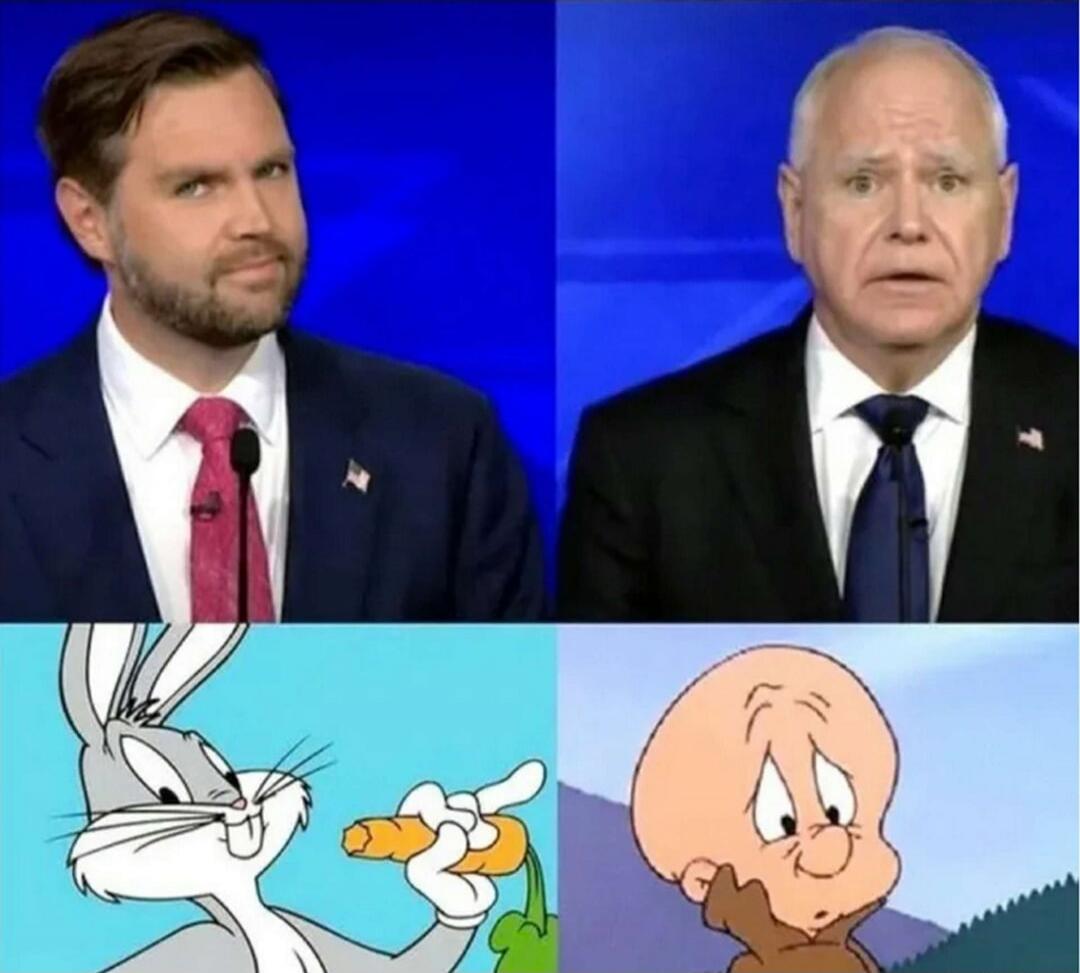 Collage of four images: top-left a man in a suit with a red tie, top-right another older man in a suit, bottom-left Bugs Bunny holding a carrot, bottom-right a cartoon baby character.