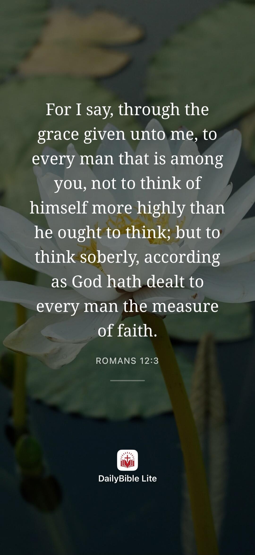 For I say, through the grace given unto me, to every man that is among you, not to think of himself more highly than he ought to think; but to think soberly, according as God hath dealt to every man the measure of faith. ROMANS 12:3 DailyBible Lite