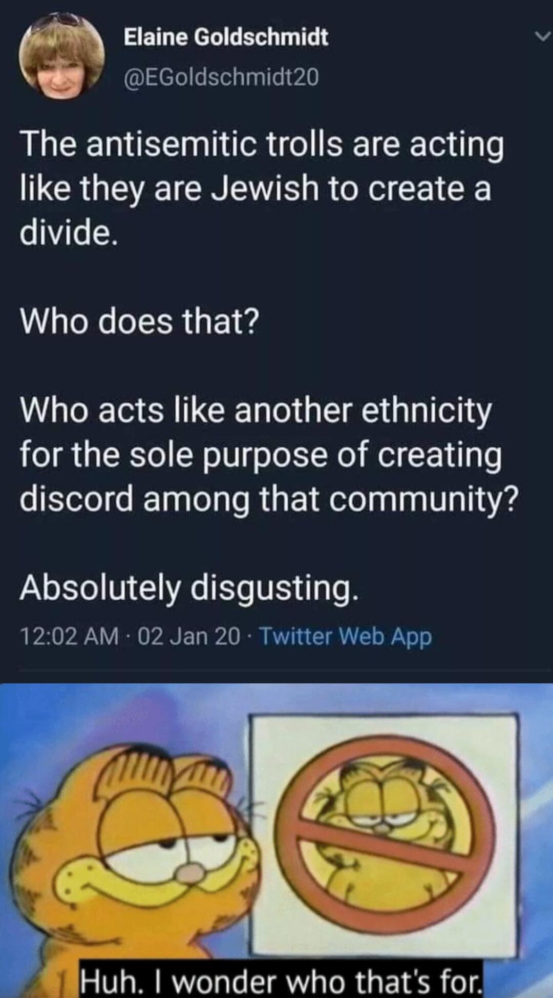 W Elaine Goldschmidt s EGoldschmidt20 The antisemitic trolls are acting LCRUEETCIN S B R CE Y divide Who does that Who acts like another ethnicity for the sole purpose of creating discord among that community Absolutely disgusting 1202 AM 02 Jan 20 Twitter Web App Huh wonder who thats for