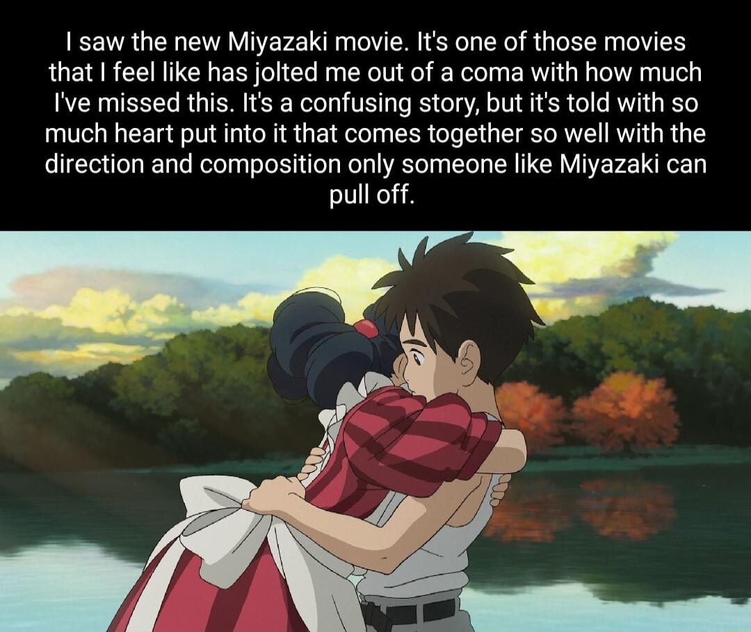 I saw the new Miyazaki movie Its one of those movies that feel like has jolted me out of a coma with how much Ive missed this Its a confusing story but its told with so much heart put into it that comes together so well with the direction and composition only someone like Miyazaki can pull off
