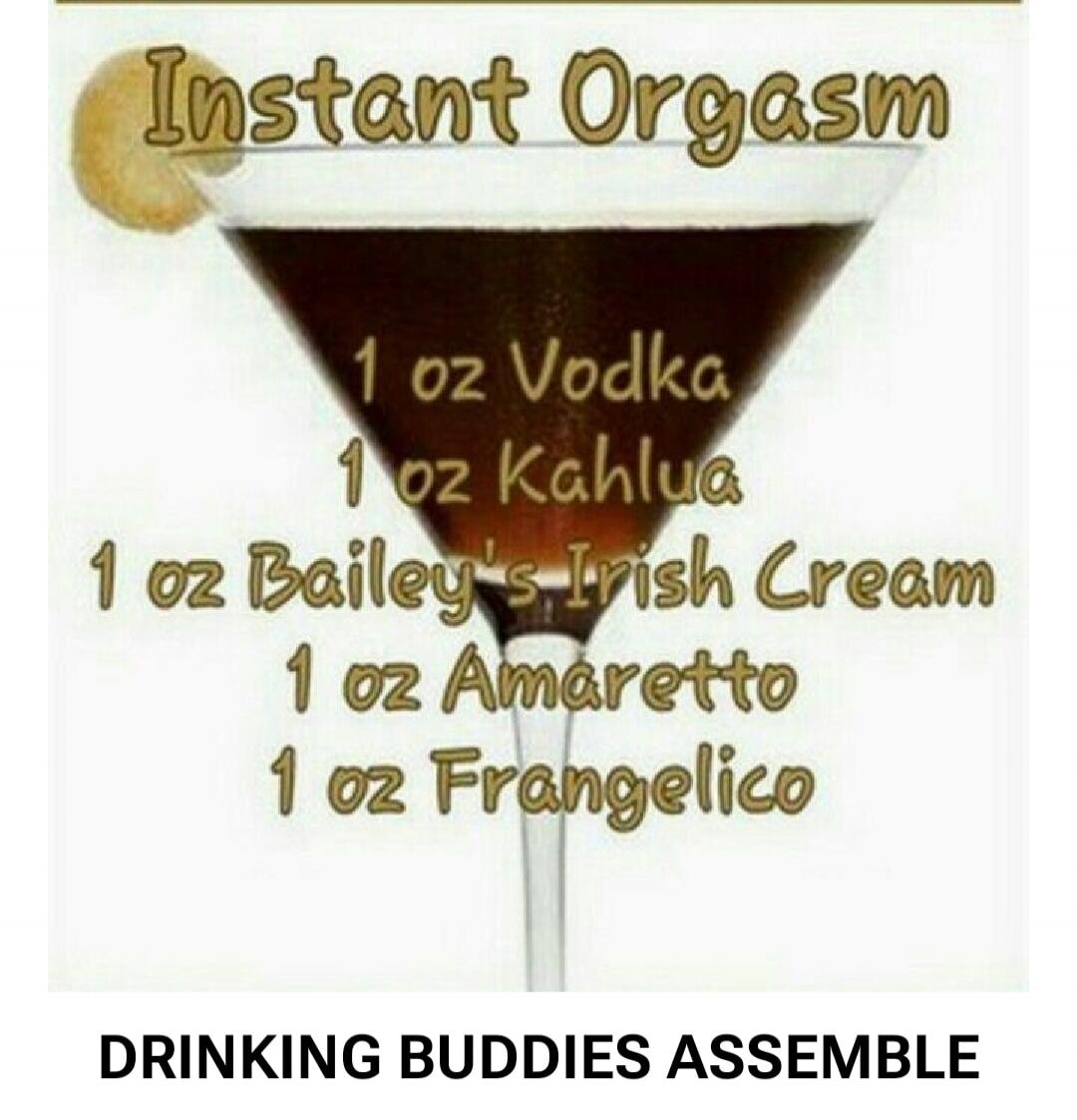 Instant Orgasm 1 oz Vodka 1 oz Kahlua 1 oz Bailey's Irish Cream 1 oz Amaretto 1 oz Frangelico DRINKING BUDDIES ASSEMBLE