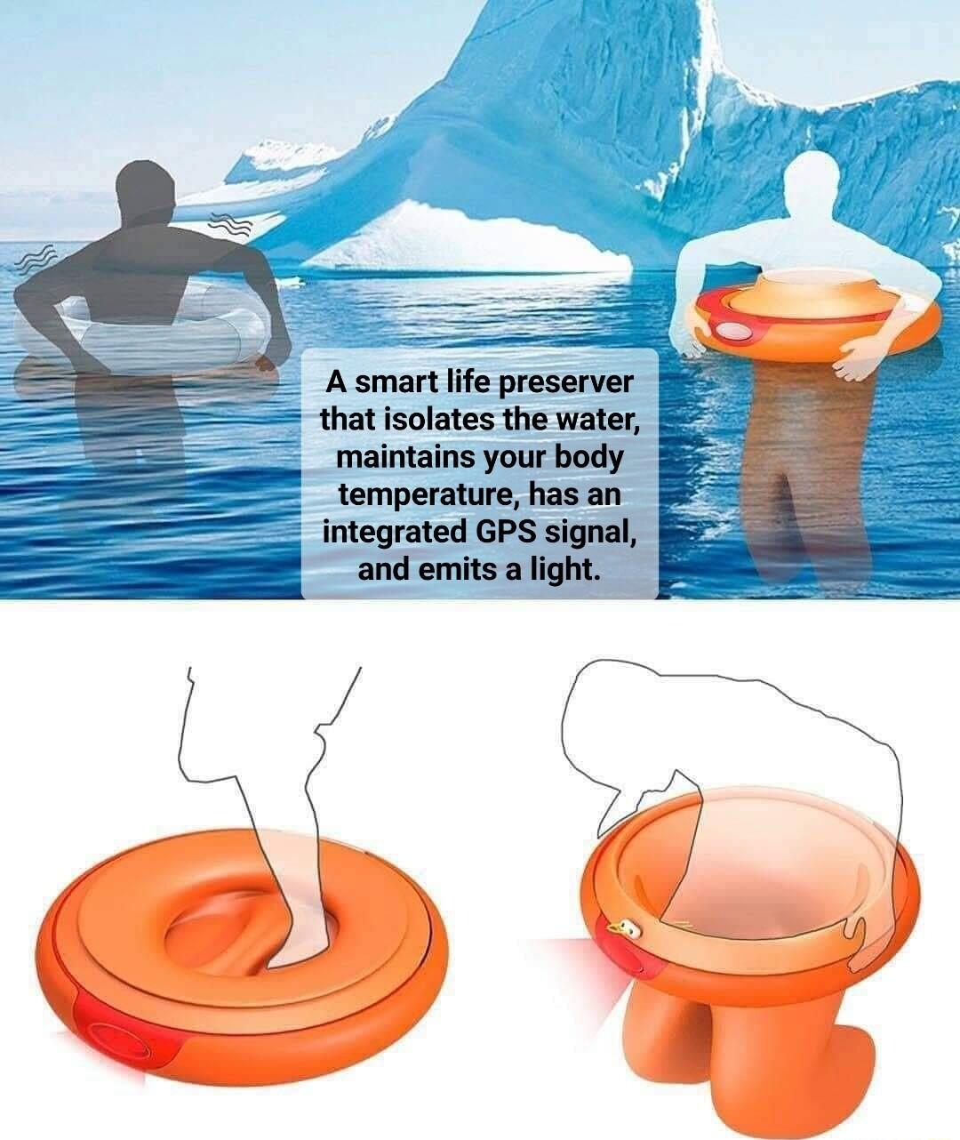 A smart life preserver that isolates the water maintains your body f temperature has an integrated GPS signal and emits a light