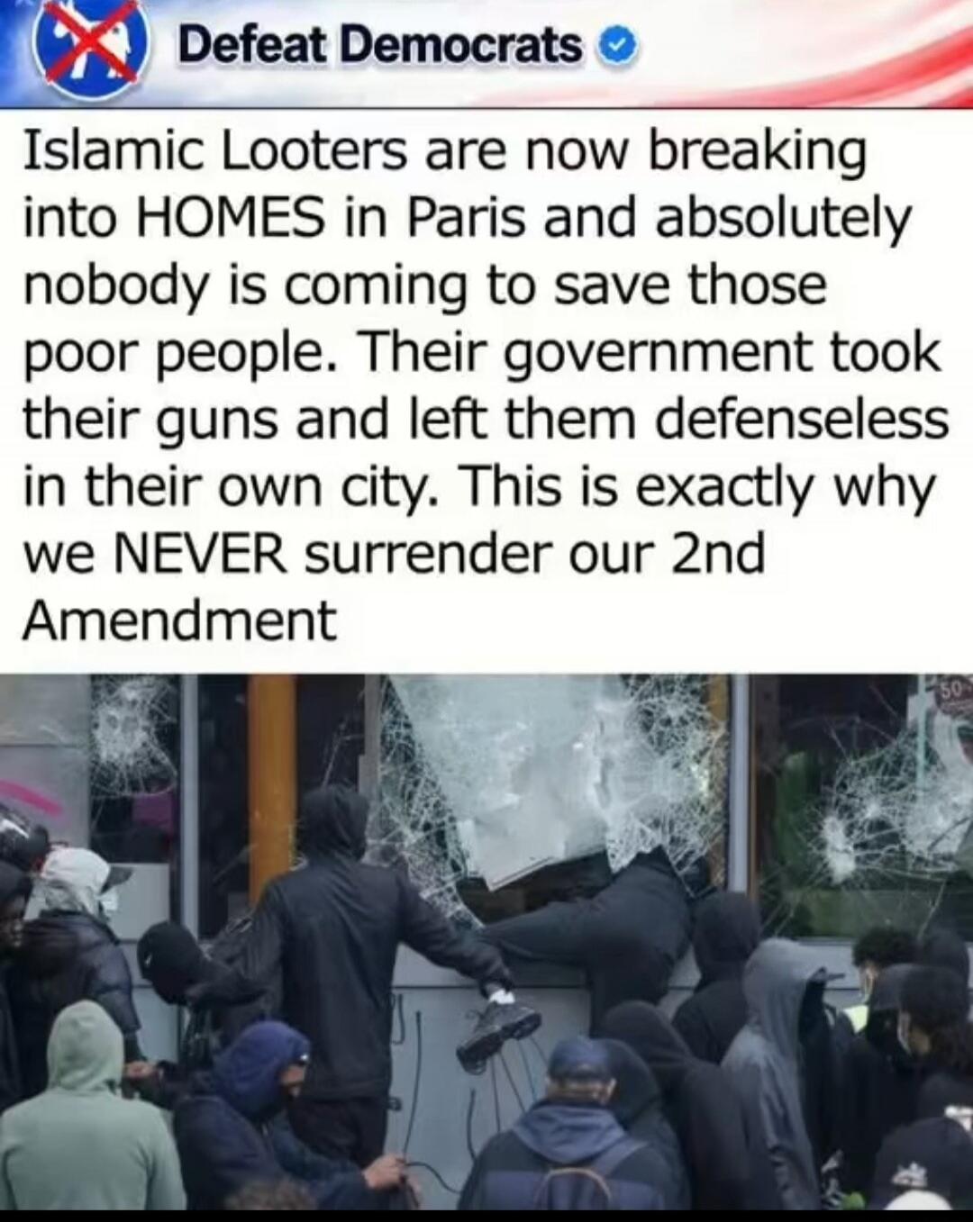 Defeat Democrats. Islamic Looters are now breaking into HOMES in Paris and absolutely nobody is coming to save those poor people. Their government took their guns and left them defenseless in their own city. This is exactly why we NEVER surrender our 2nd Amendment.