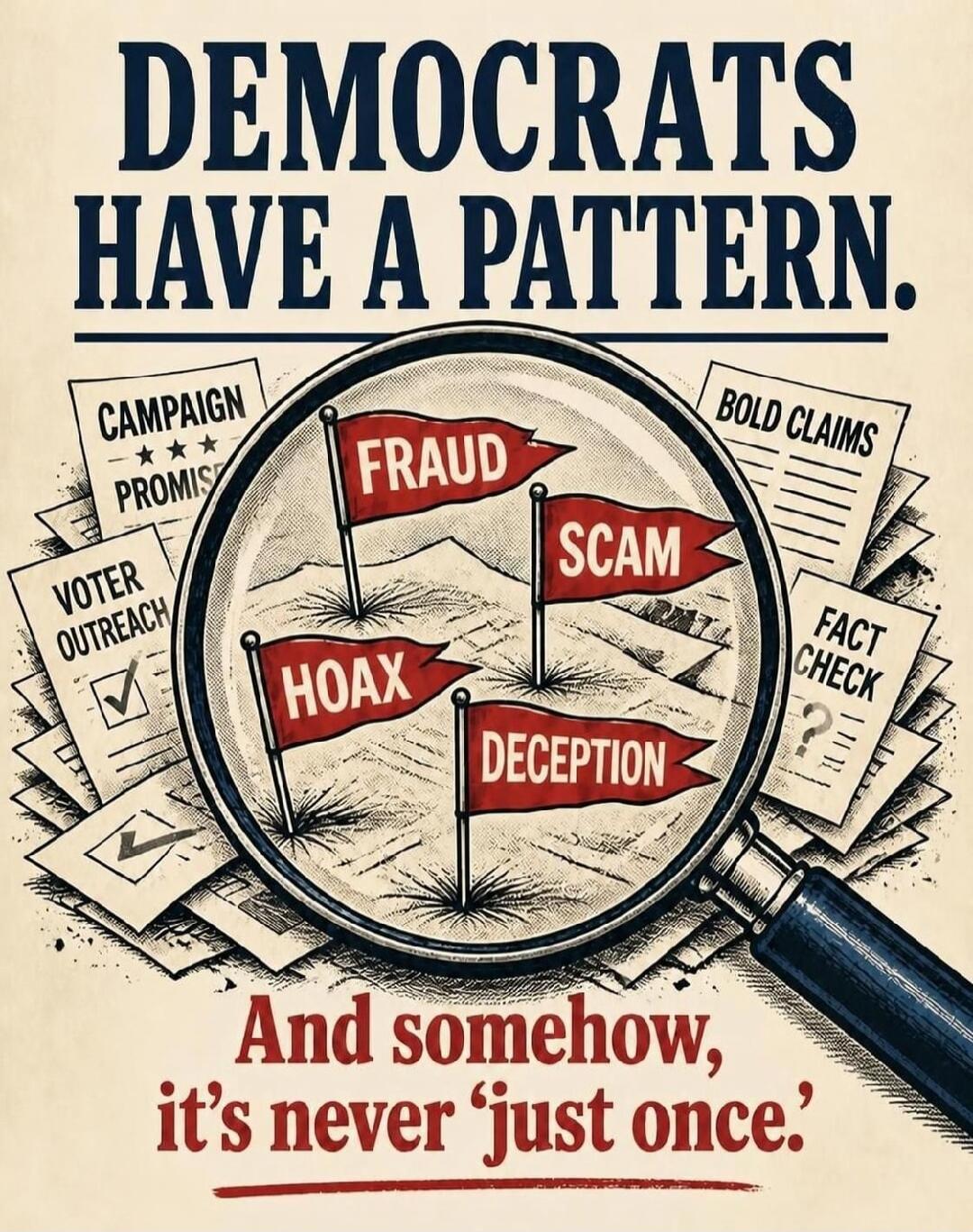 DEMOCRATS HAVE A PATTERN. CAMPAIGN PROMISES VOTER OUTREACH BOLD CLAIMS FACT CHECK FRAUD SCAM HOAX DECEPTION And somehow, it's never 'just once.'