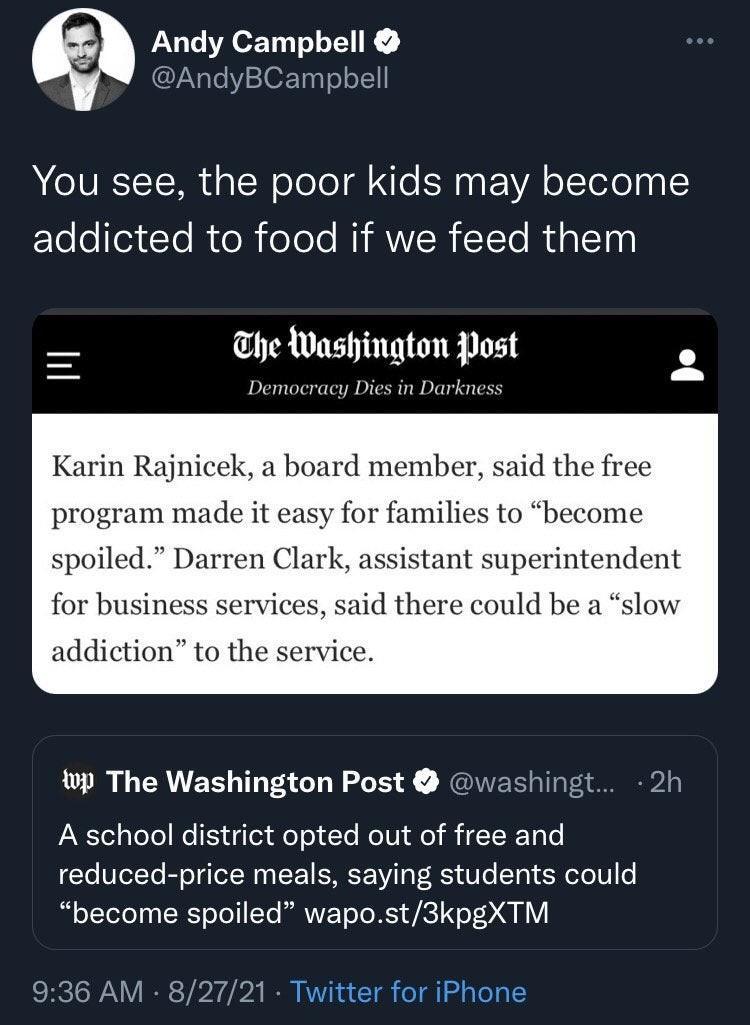 Andy Campbell AndyBCampbell You see the poor kids may become FTofofle3uYo RitoRioTole MY MWIER 1Te RdaleIny he Washington Post Democracy Dies in Darkness Karin Rajnicek a board member said the free program made it easy for families to become spoiled Darren Clark assistant superintendent for business services said there could be a slow addiction to the service wp The Washington Post washingt 2h PAN